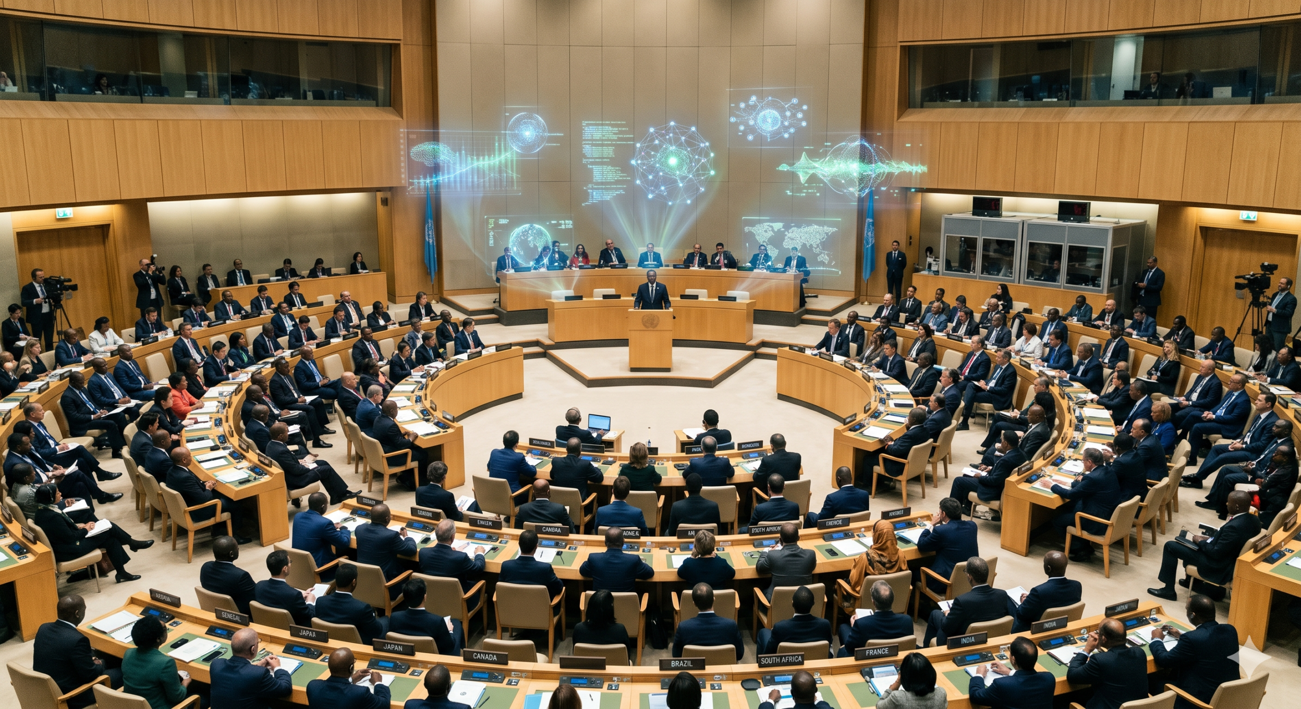 United Nations General Assembly hall with delegates and glowing AI data holograms floating above the center podium during the Global AI Governance Treaty.